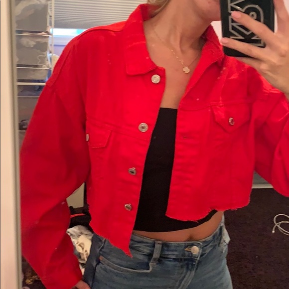 red distressed denim jacket